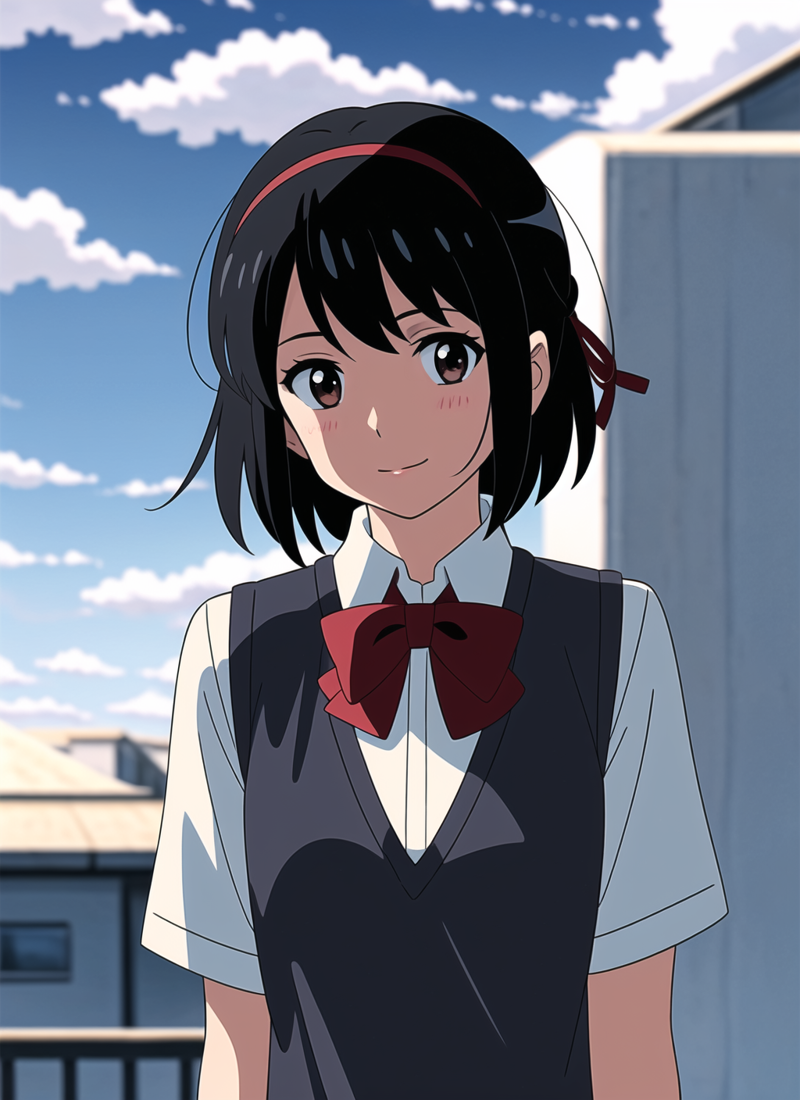 31076230-471778439-shinkai makoto, kimi no na wa., 1girl, bangs, black hair, blue sky, blush, bow, bowtie, brown eyes, cloud, collared shirt, hair.png